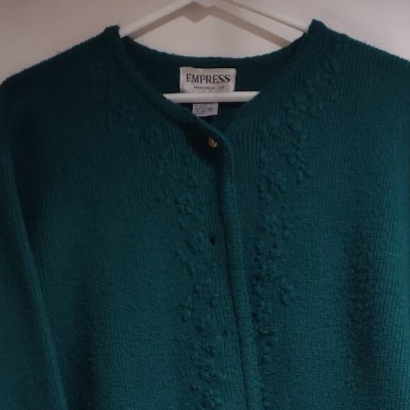 EMPRESS VINTAGE FOREST GREEN GOLD BUTTON FRONT CARDIGAN SWEATER 2 POCKETS XL - Picture 2 of 12
